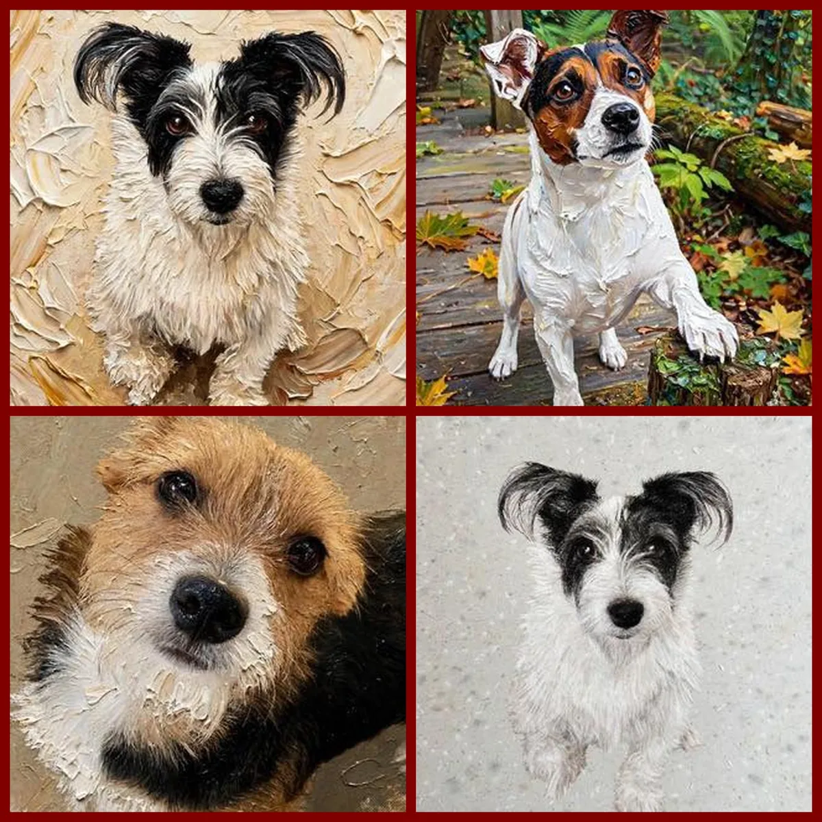 Dog artwork portfolio sample grid showing varied art styles