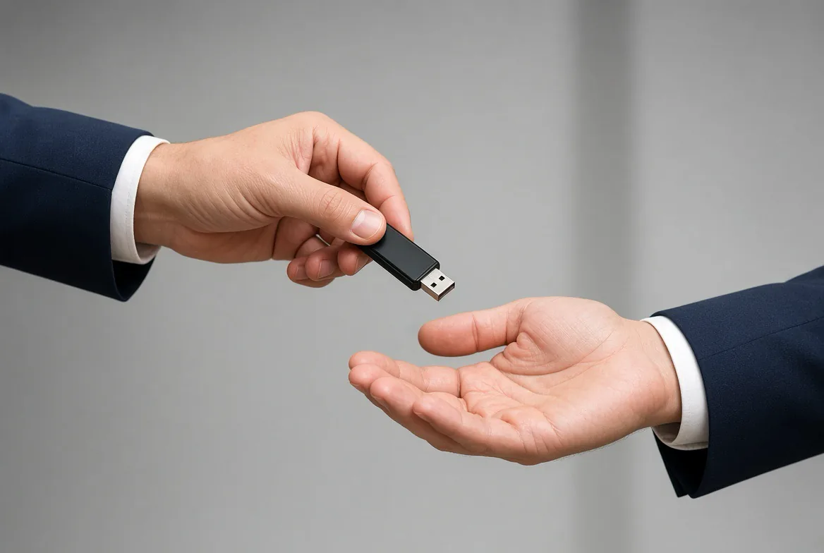 Website handoff concept showing a USB drive being passed from one hand to another
